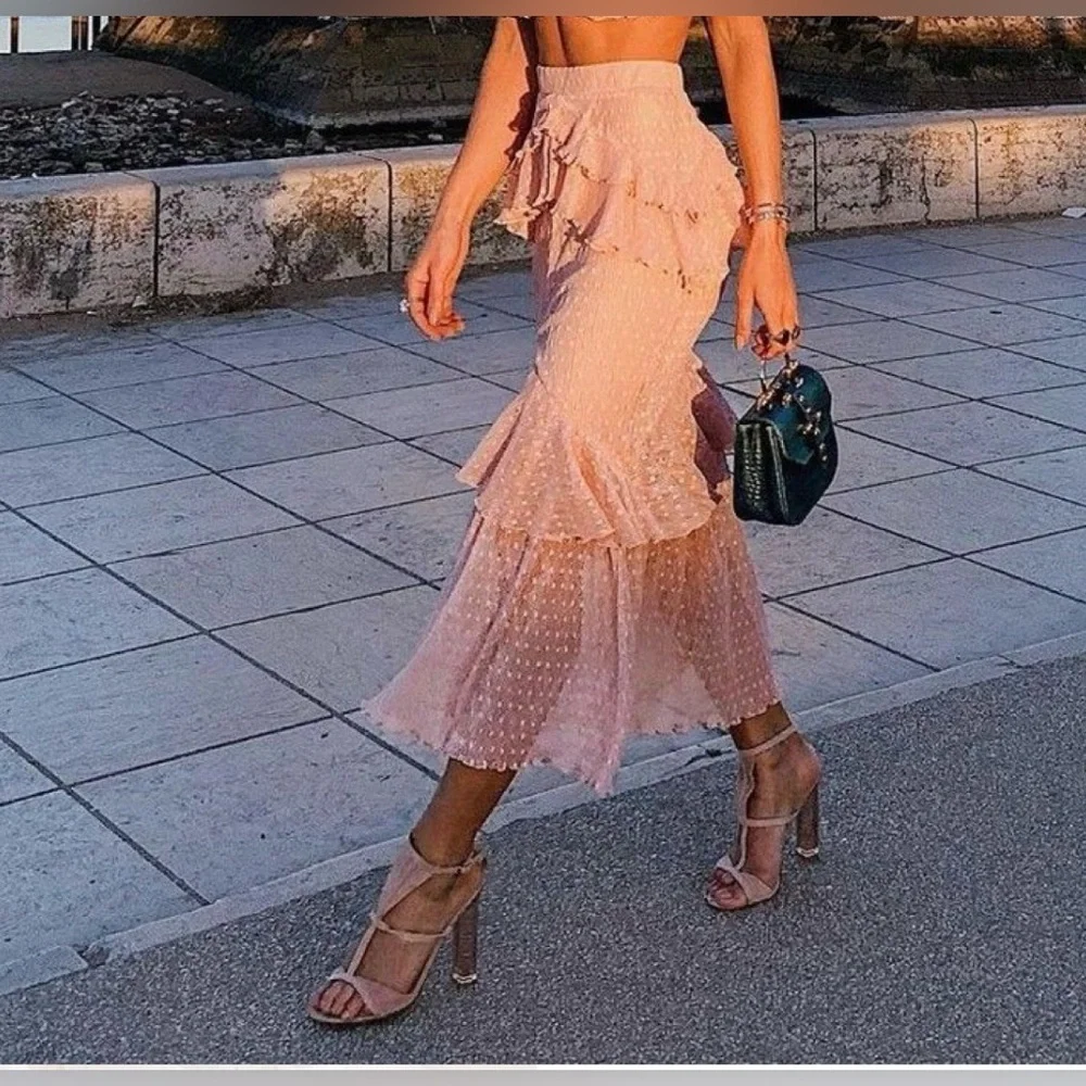 Song of Style Ada Midi Ruffle Skirt in Pink Blush | REVOLVE Size Medium